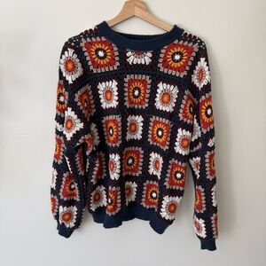 Navy and Orange Crochet Floral Sweater